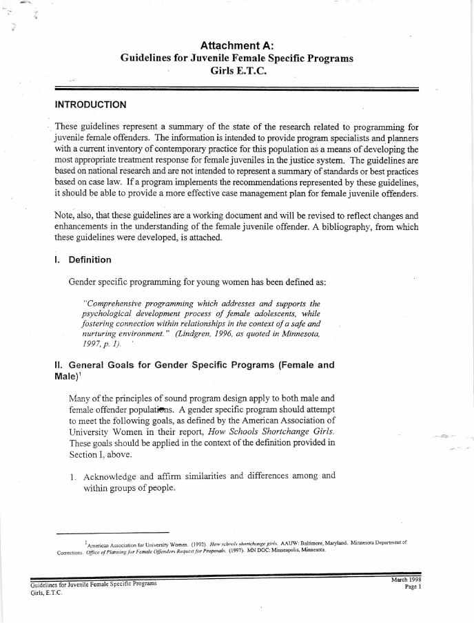 Guidelines for Juvenile Female Specific Programs